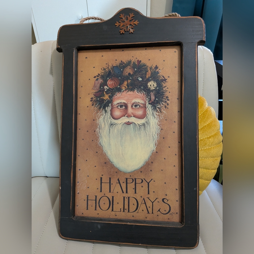 Holidays Santa Wall Art Black Brown Wooden Painted Distressed Cottagecore Rustic